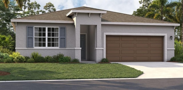 view of front of property with a garage and a front lawn