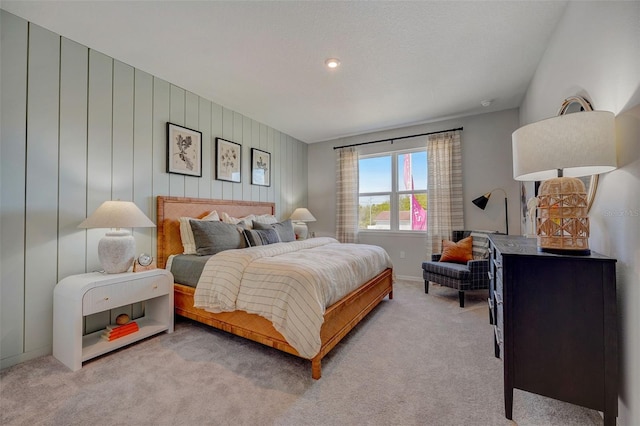 bedroom with light colored carpet