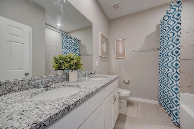 full bathroom featuring shower / bathtub combination with curtain, tile patterned flooring, vanity, and toilet