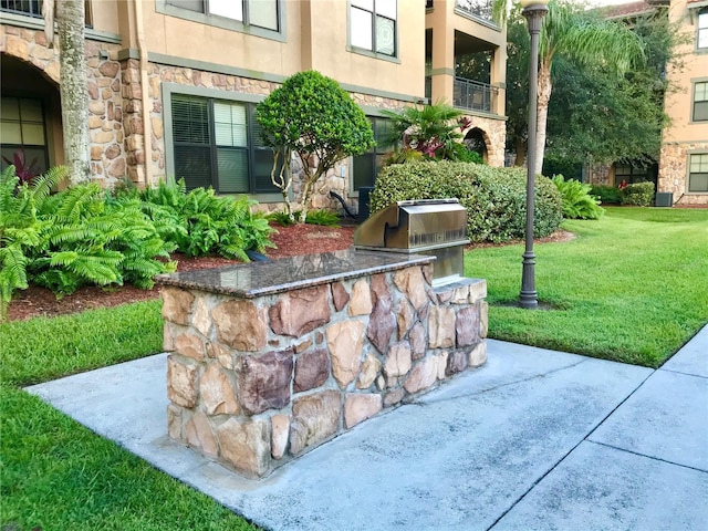 surrounding community with a yard and an outdoor kitchen