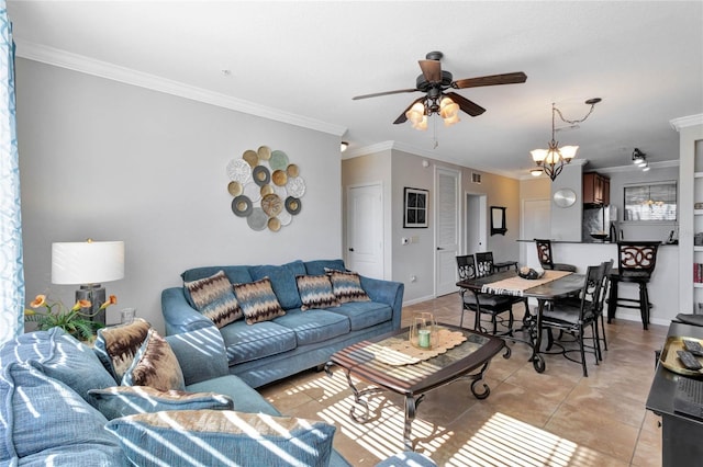 tiled living room featuring ceiling fan with notable chandelier and crown molding