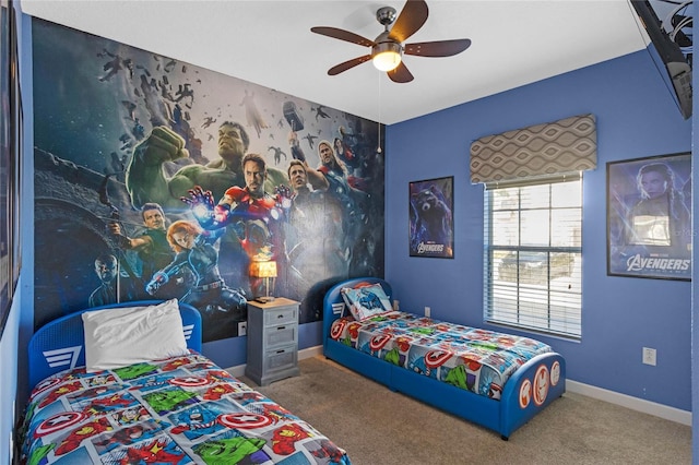 carpeted bedroom featuring ceiling fan