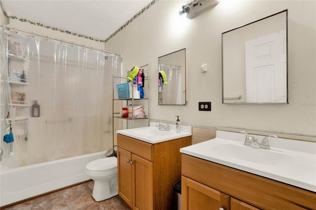 full bathroom featuring tile patterned flooring, shower / bath combination with curtain, vanity, and toilet