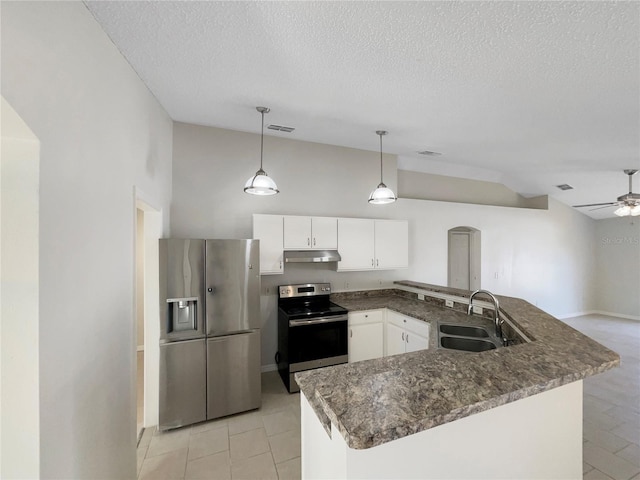 kitchen featuring appliances with stainless steel finishes, ceiling fan, sink, pendant lighting, and white cabinets