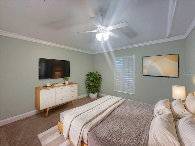 bedroom with carpet flooring, ceiling fan, and ornamental molding