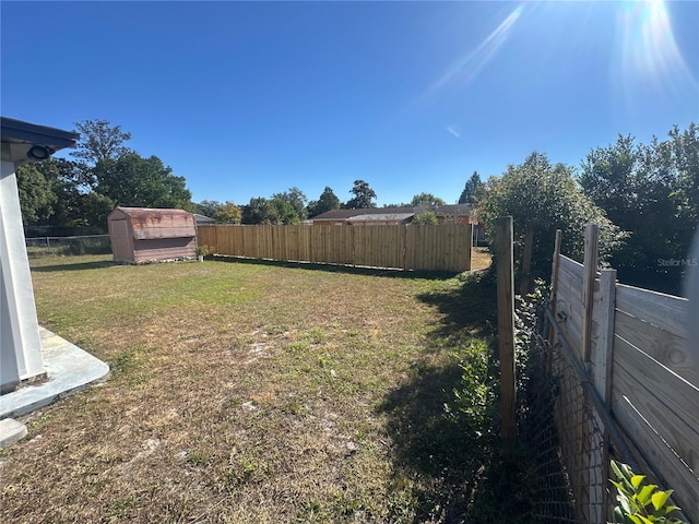 view of yard with a storage shed