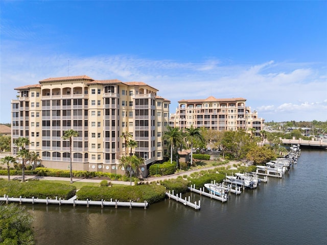 view of building exterior with a water view