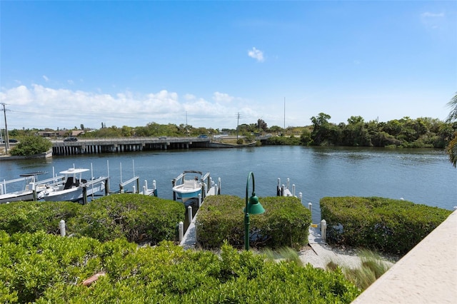 view of dock with a water view and boat lift