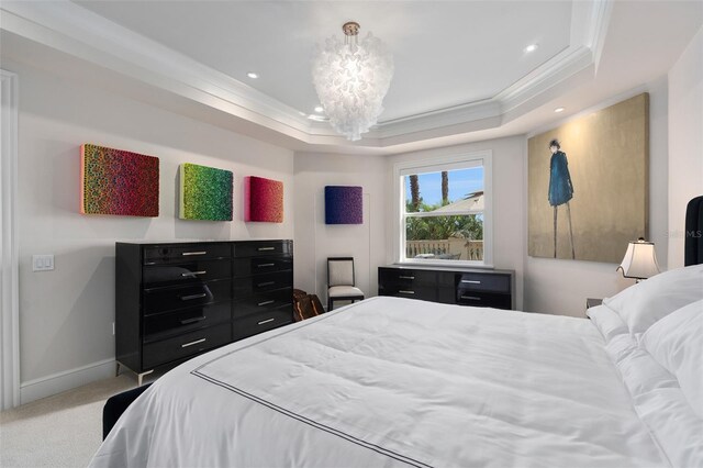 bedroom with crown molding, baseboards, carpet flooring, recessed lighting, and a raised ceiling