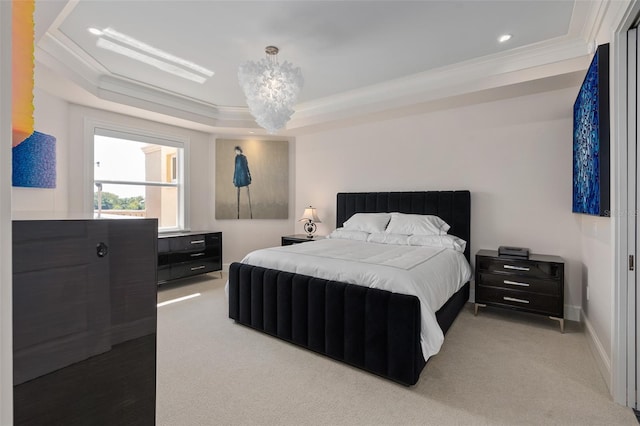 carpeted bedroom with a tray ceiling, a notable chandelier, crown molding, and baseboards