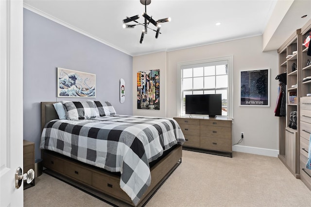 bedroom featuring baseboards, light carpet, and ornamental molding