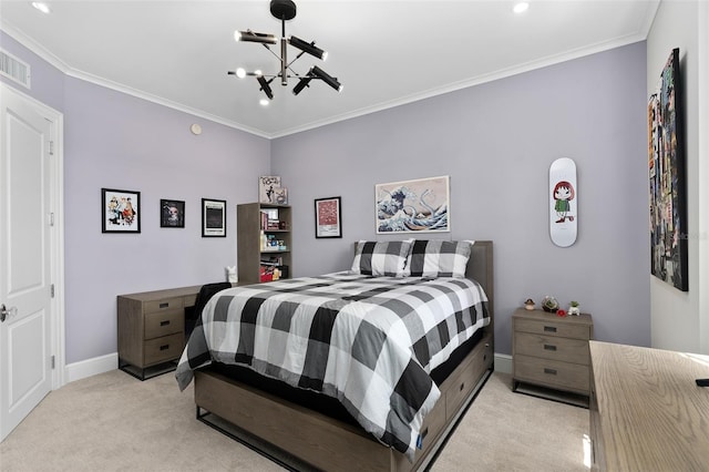 bedroom with crown molding, a notable chandelier, light colored carpet, and baseboards