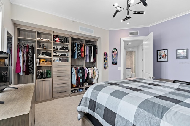 bedroom with crown molding, a notable chandelier, carpet flooring, and visible vents