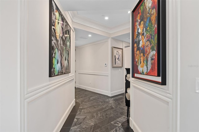 hallway featuring crown molding, recessed lighting, and baseboards