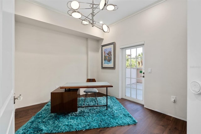 home office featuring an inviting chandelier and wood finished floors