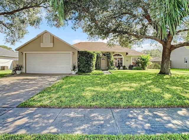 ranch-style home featuring a front yard and a garage