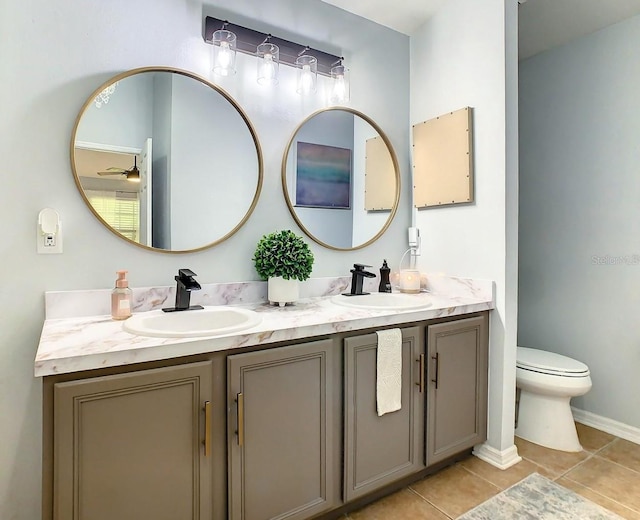 bathroom featuring tile patterned floors, ceiling fan, toilet, and vanity