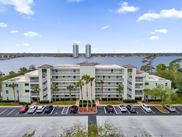 view of building exterior featuring a water view