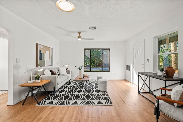 living room featuring wood-type flooring, a healthy amount of sunlight, and a textured ceiling