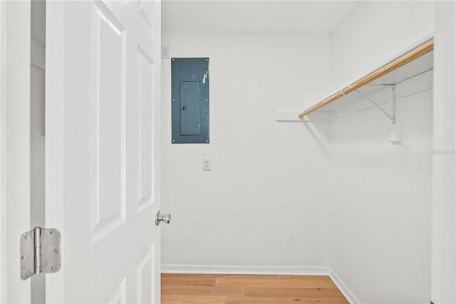 spacious closet featuring wood-type flooring and electric panel