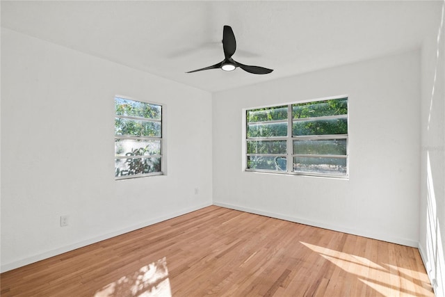 unfurnished room featuring ceiling fan, a wealth of natural light, and light wood-type flooring