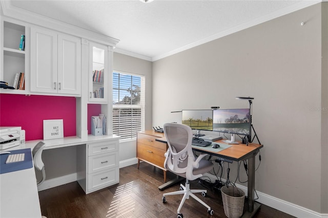 home office featuring dark hardwood / wood-style flooring and ornamental molding