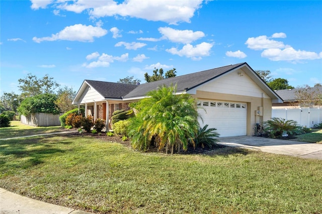 single story home with a front lawn and a garage