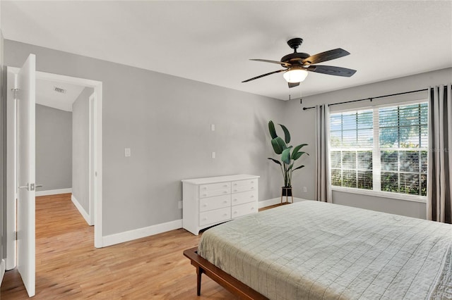 bedroom featuring ceiling fan and light wood-type flooring