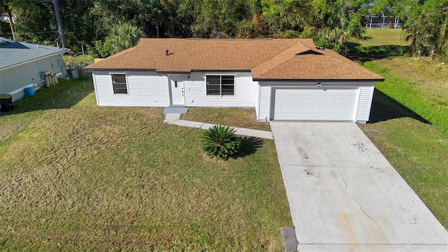 single story home featuring cooling unit, a front lawn, and a garage