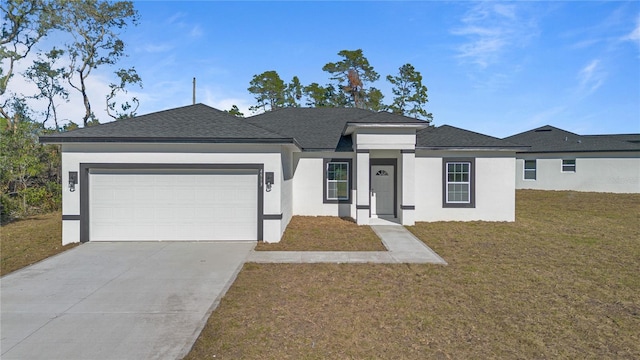 single story home featuring a front yard and a garage