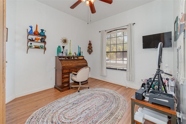 office area featuring ceiling fan and hardwood / wood-style flooring