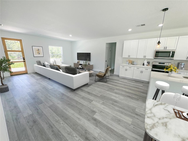 living room with light hardwood / wood-style floors