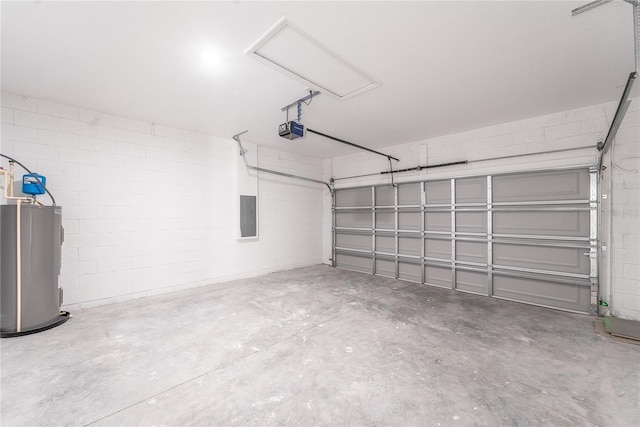 garage with electric panel, a garage door opener, and water heater