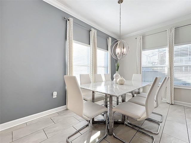 tiled dining space with crown molding and an inviting chandelier