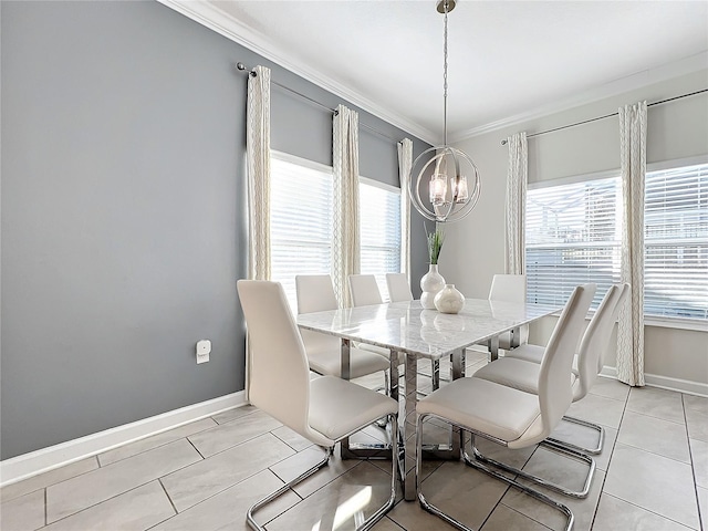 1264 Challenge Dr, Davenport, FL 33896 - dining space with a chandelier, ornamental molding, baseboards, and light tile patterned floors