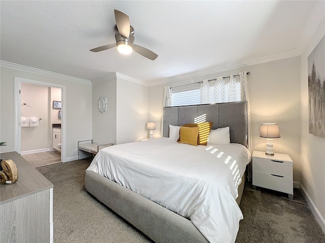 carpeted bedroom with connected bathroom, ceiling fan, and crown molding