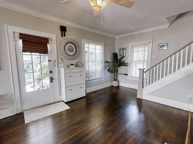 entrance foyer featuring ornamental molding, plenty of natural light, dark wood-type flooring, and ceiling fan