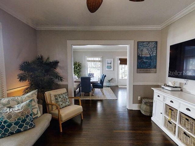 living area featuring dark hardwood / wood-style floors, ceiling fan, and ornamental molding