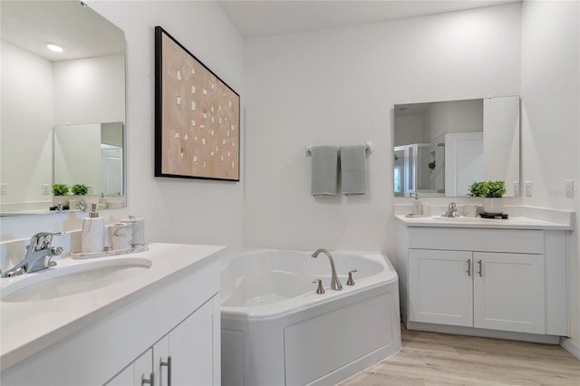 bathroom featuring vanity, wood-type flooring, and plus walk in shower