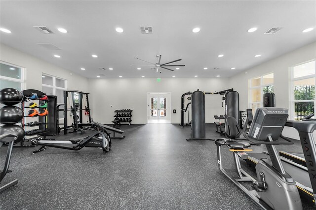 gym featuring ceiling fan