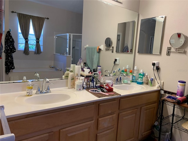 bathroom with plus walk in shower and vanity