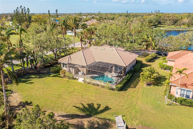 birds eye view of property featuring a water view