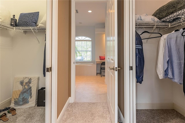 spacious closet featuring light carpet