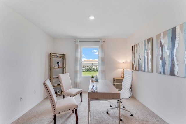 home office featuring light carpet