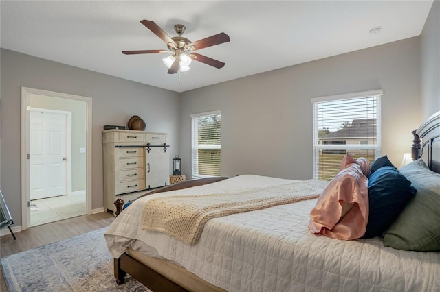 bedroom with multiple windows, ceiling fan, and light wood-type flooring