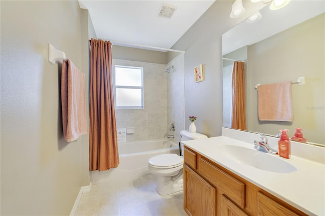 full bathroom with shower / tub combo, vanity, and toilet