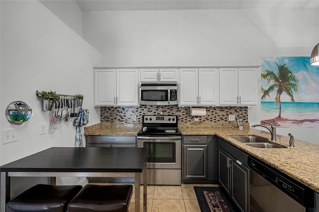 kitchen featuring decorative backsplash, white cabinetry, sink, and stainless steel appliances