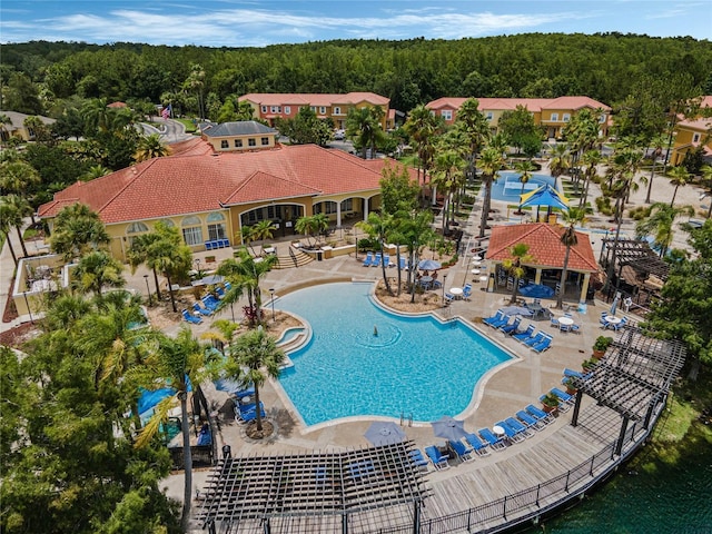 167 Castaway Beach Way, Kissimmee, FL 34746 - view of swimming pool featuring a patio area and a wooded view
