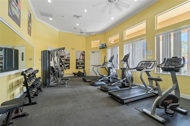 167 Castaway Beach Way, Kissimmee, FL 34746 - gym with visible vents, ceiling fan, baseboards, ornamental molding, and recessed lighting