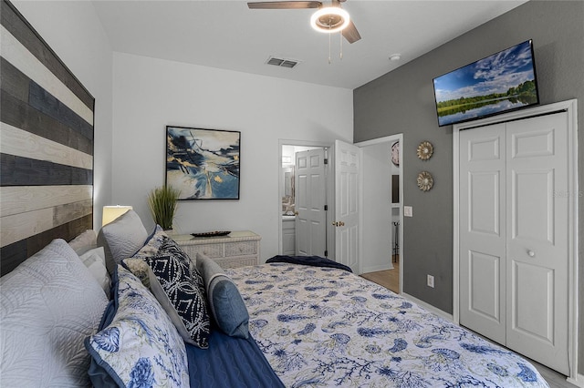 bedroom featuring a closet, ceiling fan, and ensuite bathroom